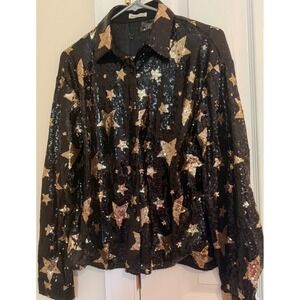 Mainstrip Women Black Gold Sequin Star Button Down Shirt Blouse CT33395 Size M